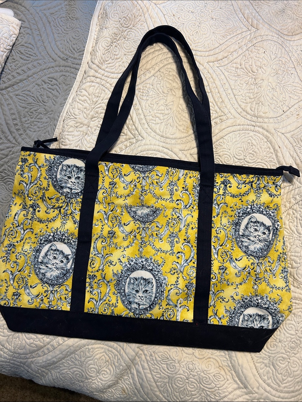 Yellow Cat Print Tote Bag with Black Trim
